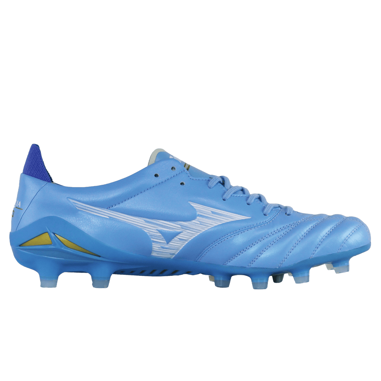 The Mizuno Morelia Neo IV Elite FG in Celeste/White/Ultramarine is a lightweight soccer cleat with a lace-up design, kangaroo leather forefoot, and a textured sole with molded studs for agile performance.