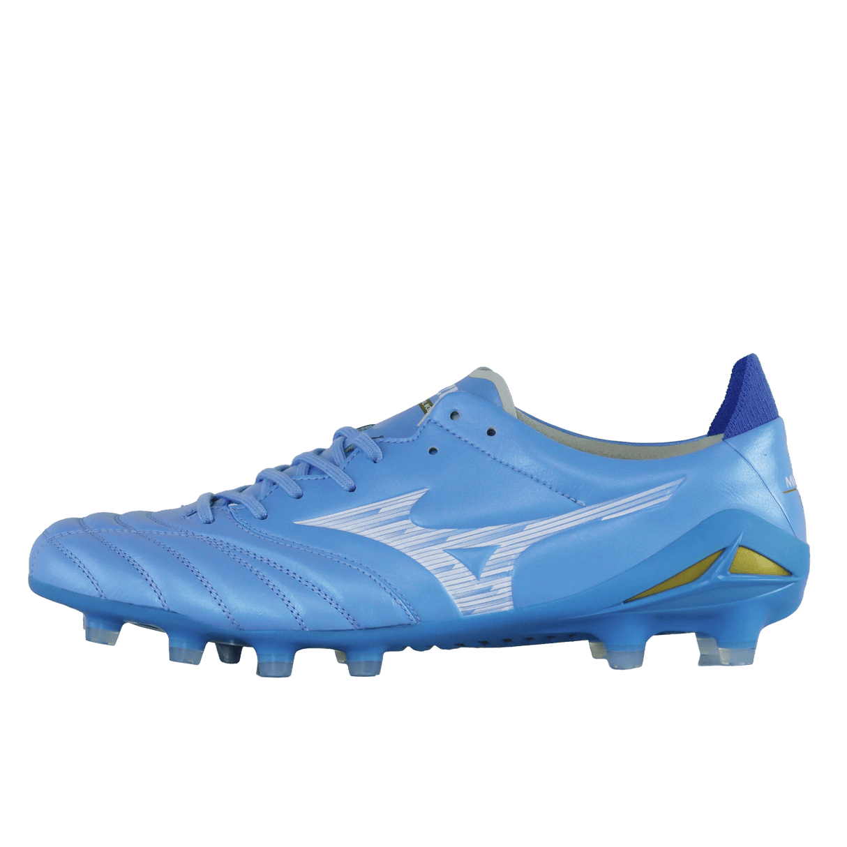 The Mizuno Morelia Neo IV Elite FG soccer cleat in Celeste/White/Ultramarine features a kangaroo leather forefoot, white details, lace-up front, and molded studs, shown against a plain white background.