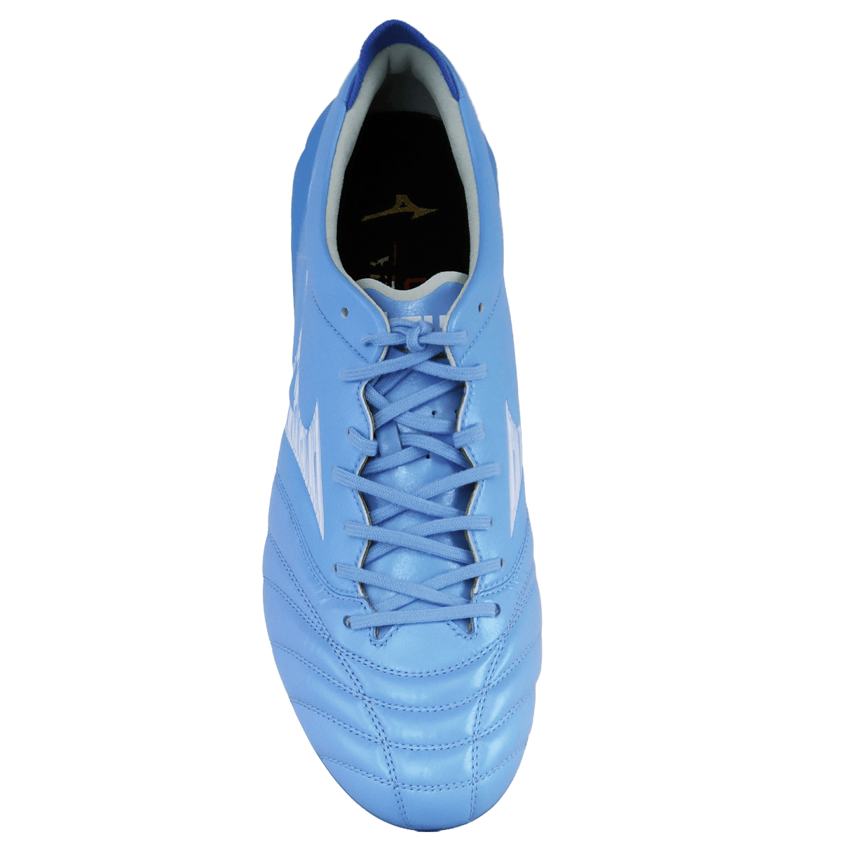 A top view of the Mizuno Morelia Neo IV Elite FG soccer cleat by Mizuno in Celeste/White/Ultramarine, featuring white accents, a lace-up design, and a kangaroo leather forefoot, isolated on a white background.