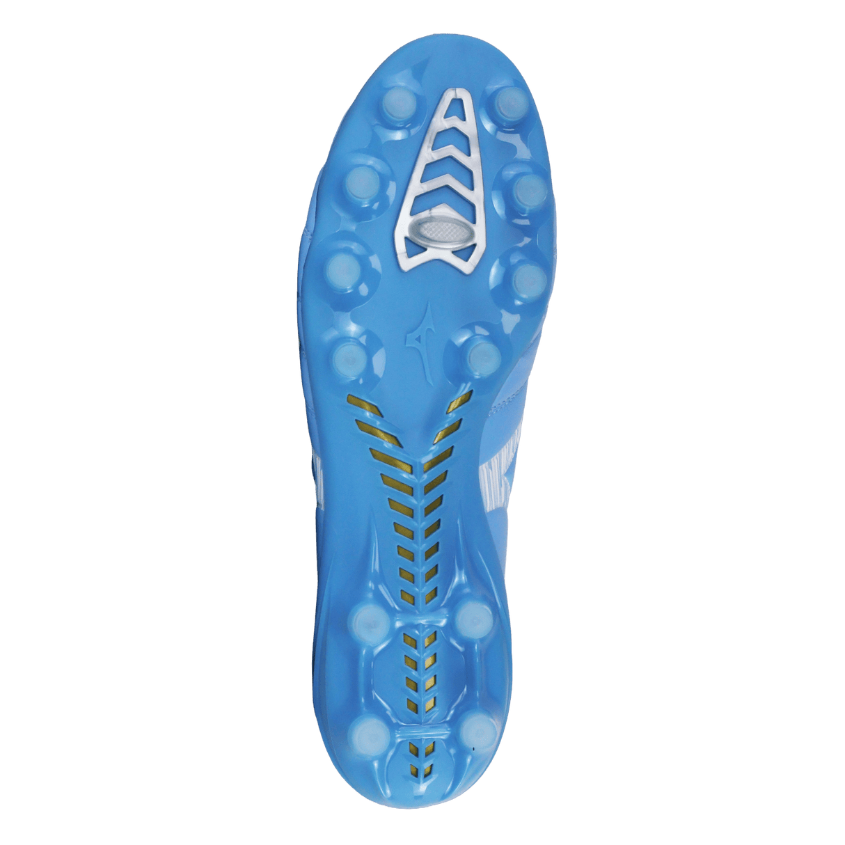 Bottom view of the Mizuno Morelia Neo IV Elite FG in Celeste/White/Ultramarine, a lightweight boot with molded studs, a textured sole for grip, and premium kangaroo leather forefoot for comfort. Brand: Mizuno.