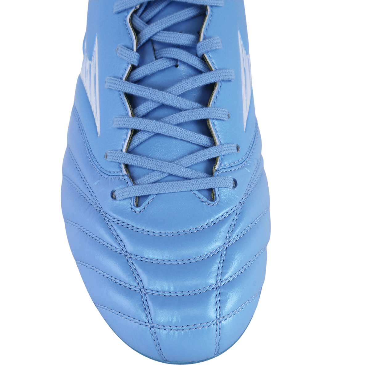 Top view of the Mizuno Morelia Neo IV Elite FG in Celeste/White/Ultramarine, showcasing laces, white stitching, and premium kangaroo leather forefoot for a lightweight feel against a white background.