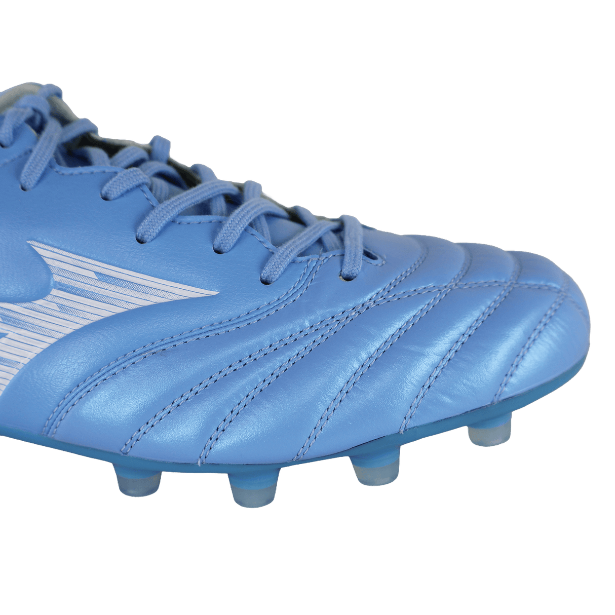 Close-up of the Mizuno Morelia Neo IV Elite FG in Celeste/White/Ultramarine, a lightweight Mizuno rugby boot with stitched detailing, laces, plastic studs, and a premium kangaroo leather forefoot on a white background.