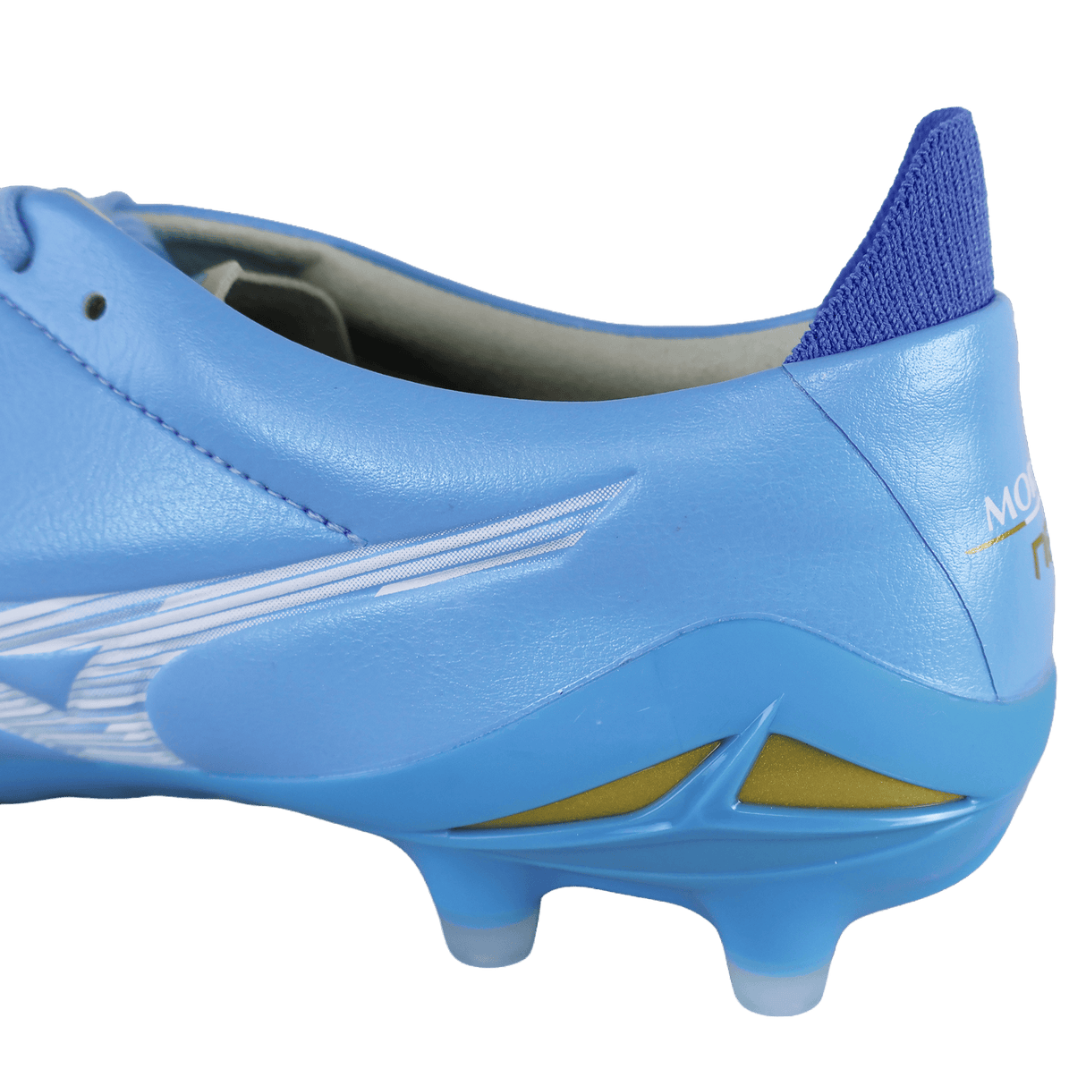 Close-up of the heel and side of the Mizuno Morelia Neo IV Elite FG in Celeste/White/Ultramarine, highlighting the premium kangaroo leather forefoot, detailed upper stitching, gold accents, and part of the sole.