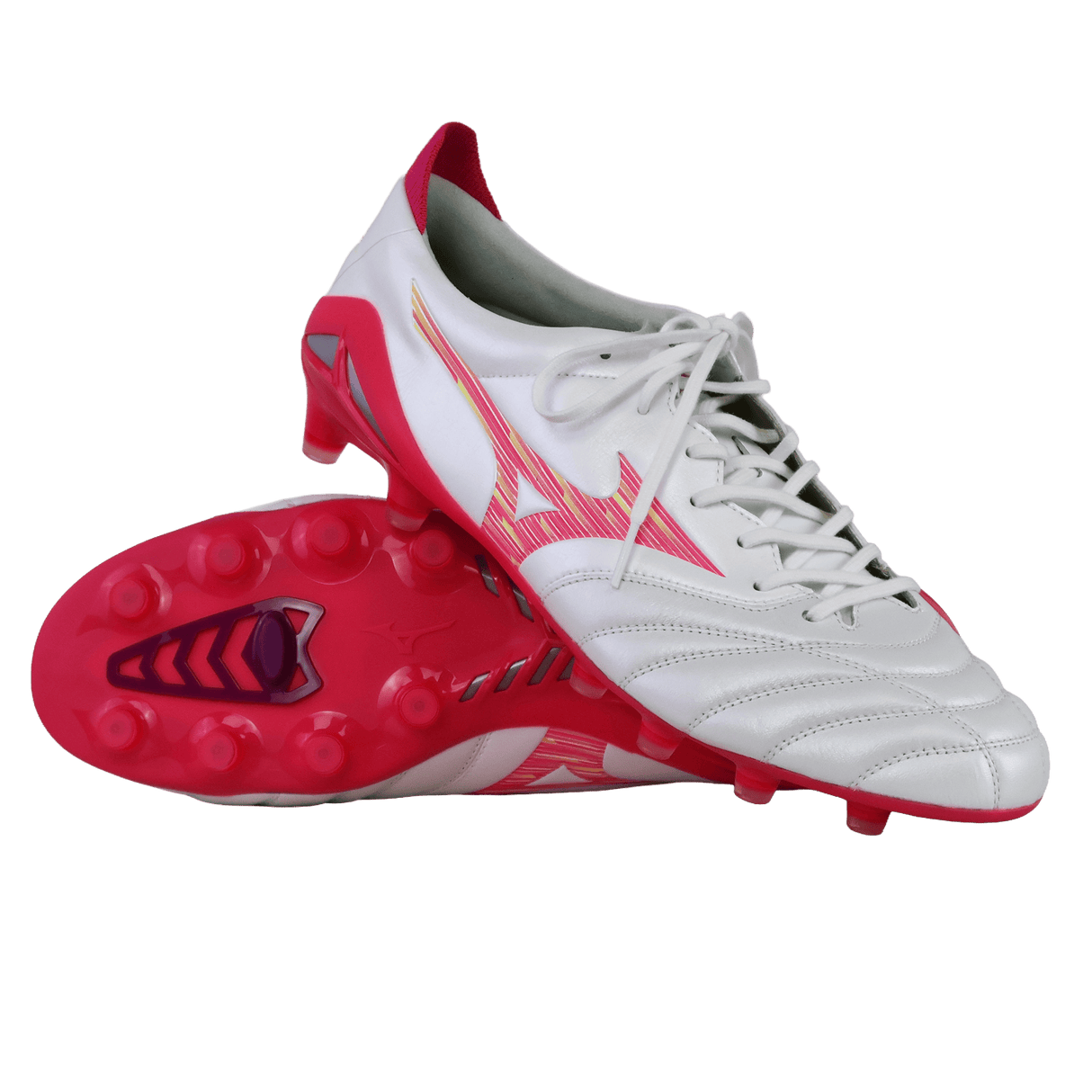 A pair of Mizuno Morelia Neo IV FG soccer cleats in White/Pink Tetra/Fuchsia Purple, featuring premium K-leather, a stylized Mizuno logo, and studded soles—one upright and one lying on its side.