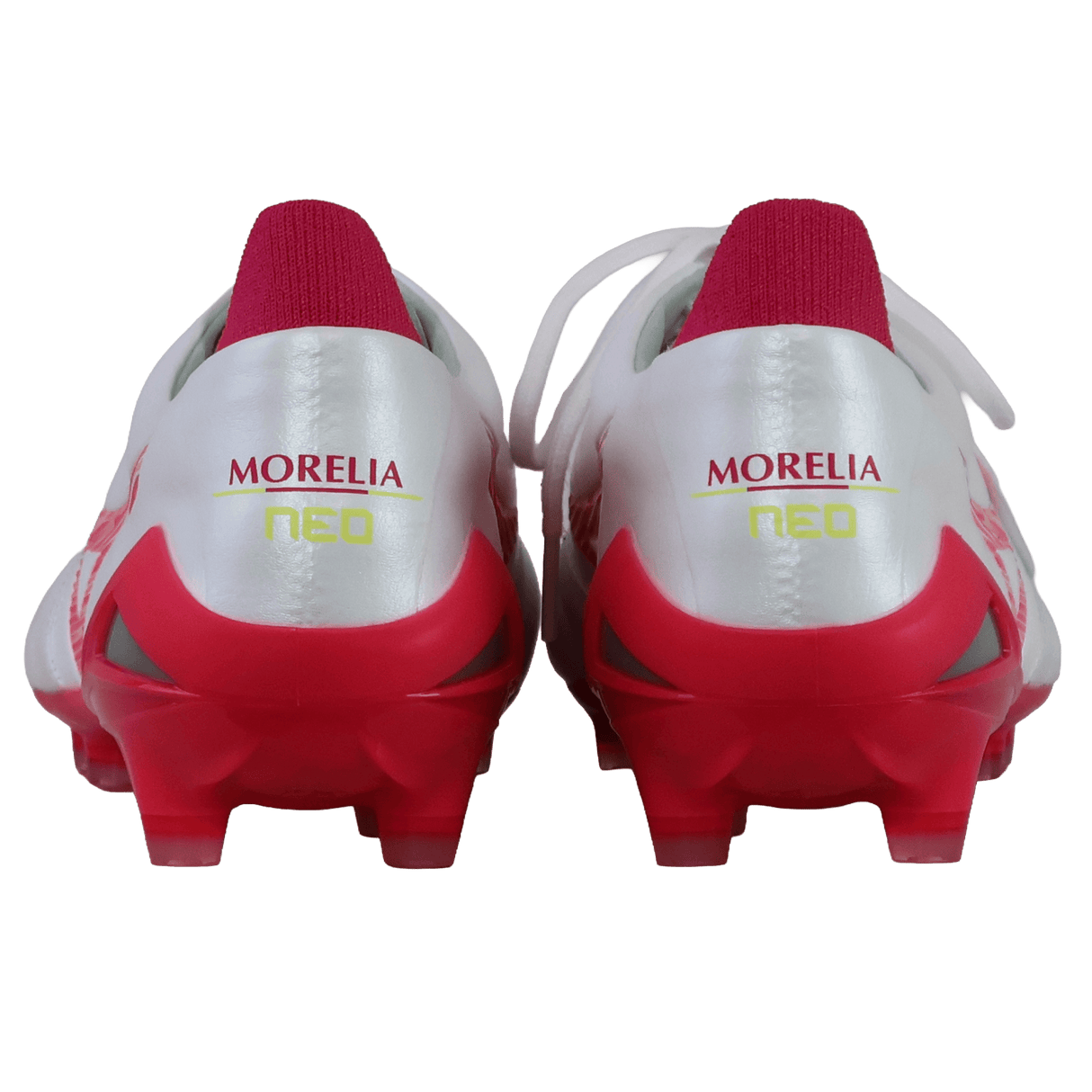 Rear view of Mizuno Morelia Neo IV FG soccer cleats in White/Pink Tetra/Fuchsia Purple, made with premium K-leather and "MORELIA NEO" printed on the heel in gold and yellow.