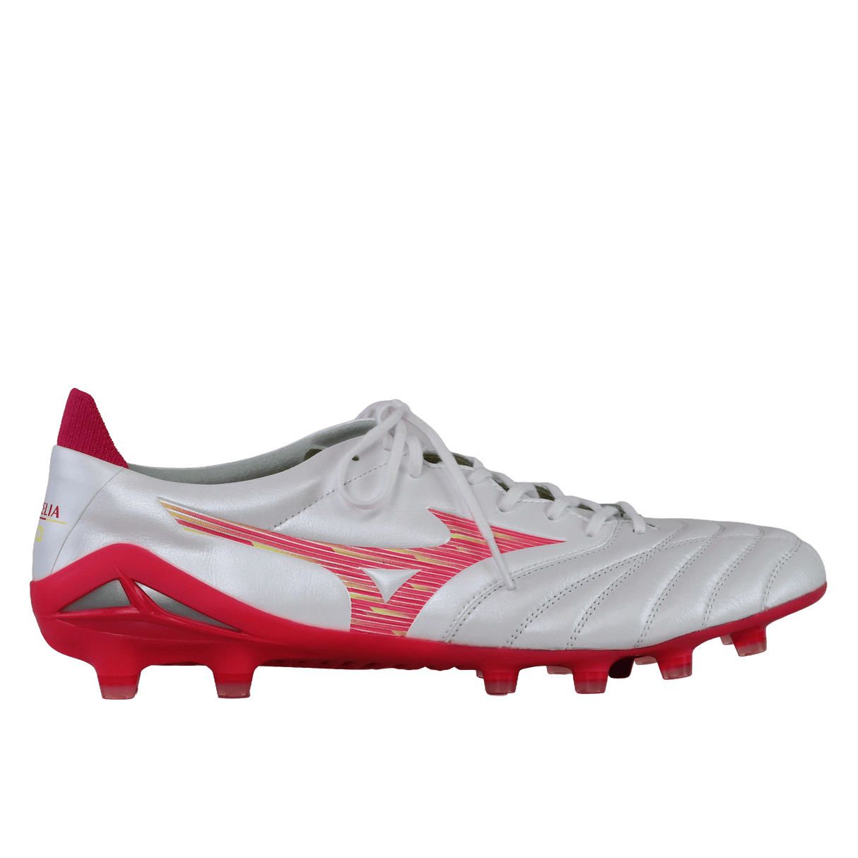 The Mizuno Morelia Neo IV FG in White/Pink Tetra/Fuchsia Purple is a premium K-leather soccer cleat with laces, a red studded sole, and side logo—designed by Mizuno for top performance.