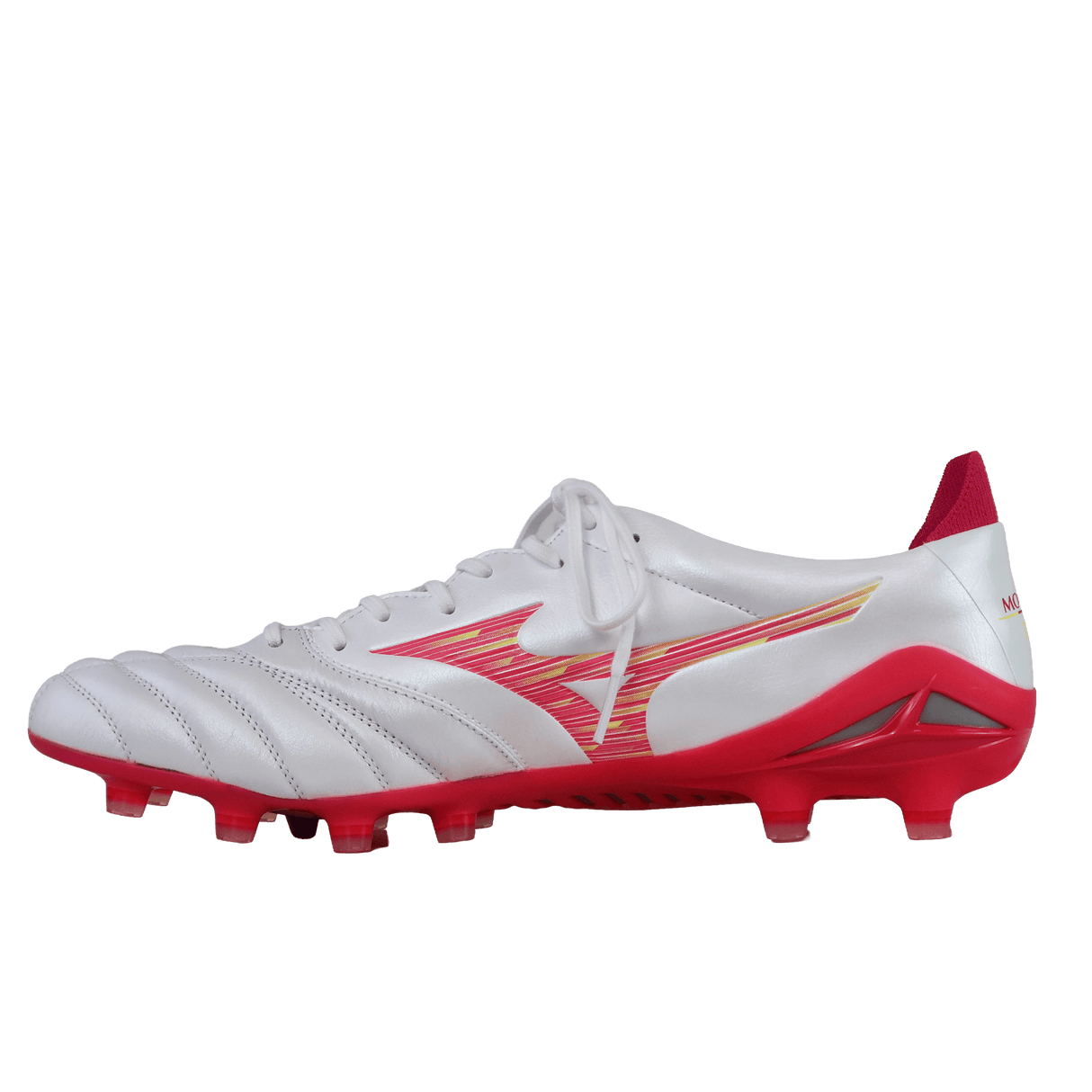 The Mizuno Morelia Neo IV FG in White/Pink Tetra/Fuchsia Purple features a large Mizuno logo, red studs, and premium K-leather, shown from the side against a plain background.