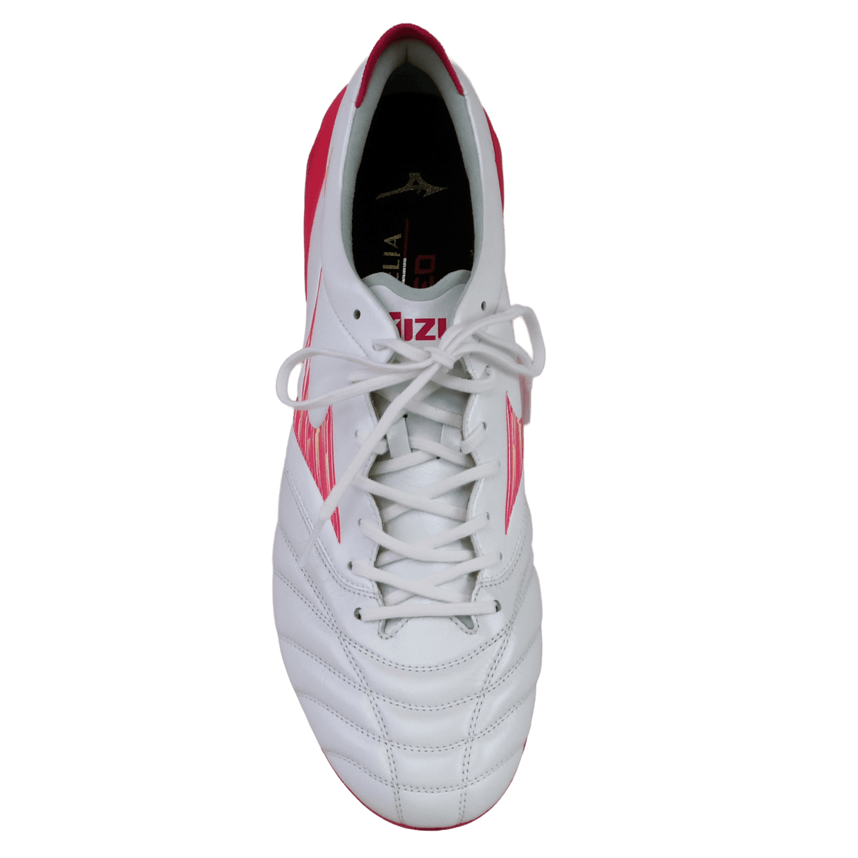 The Mizuno Morelia Neo IV FG soccer cleat by Mizuno, shown from above, features premium white K-leather with pink tetra and fuchsia purple accents, white laces, and a stitched toe design against a plain background.