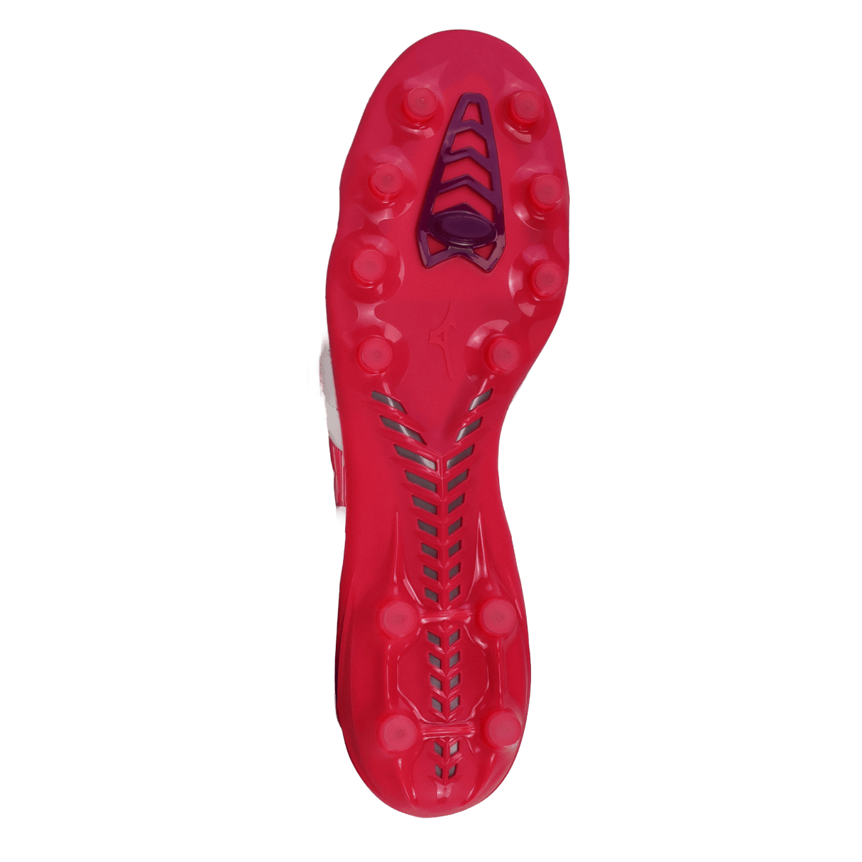 The Mizuno Morelia Neo IV FG rugby boots by Mizuno, in White/Pink Tetra/Fuchsia Purple, feature a central traction pattern and multiple round studs on a premium K-leather sole, seen from the bottom against a white background.