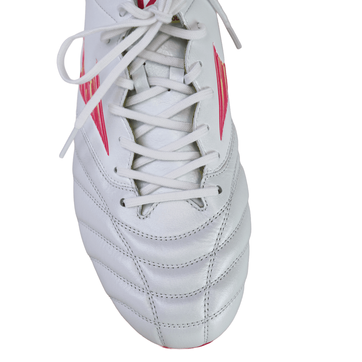 The Mizuno Morelia Neo IV FG soccer cleat in White/Pink Tetra/Fuchsia Purple is shown from above, featuring visible laces and premium K-leather stitching against a white background.