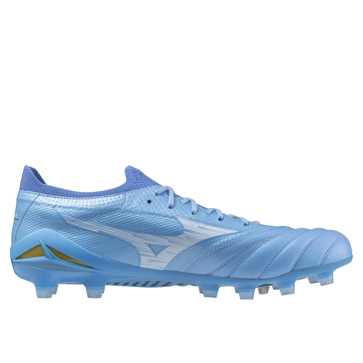 The Mizuno Morelia Neo IV Beta Elite FG soccer cleat in Celeste/White/Ultramarine features textured details, laces, and molded studs, made from premium kangaroo leather and shown in a side profile on a plain white background.
