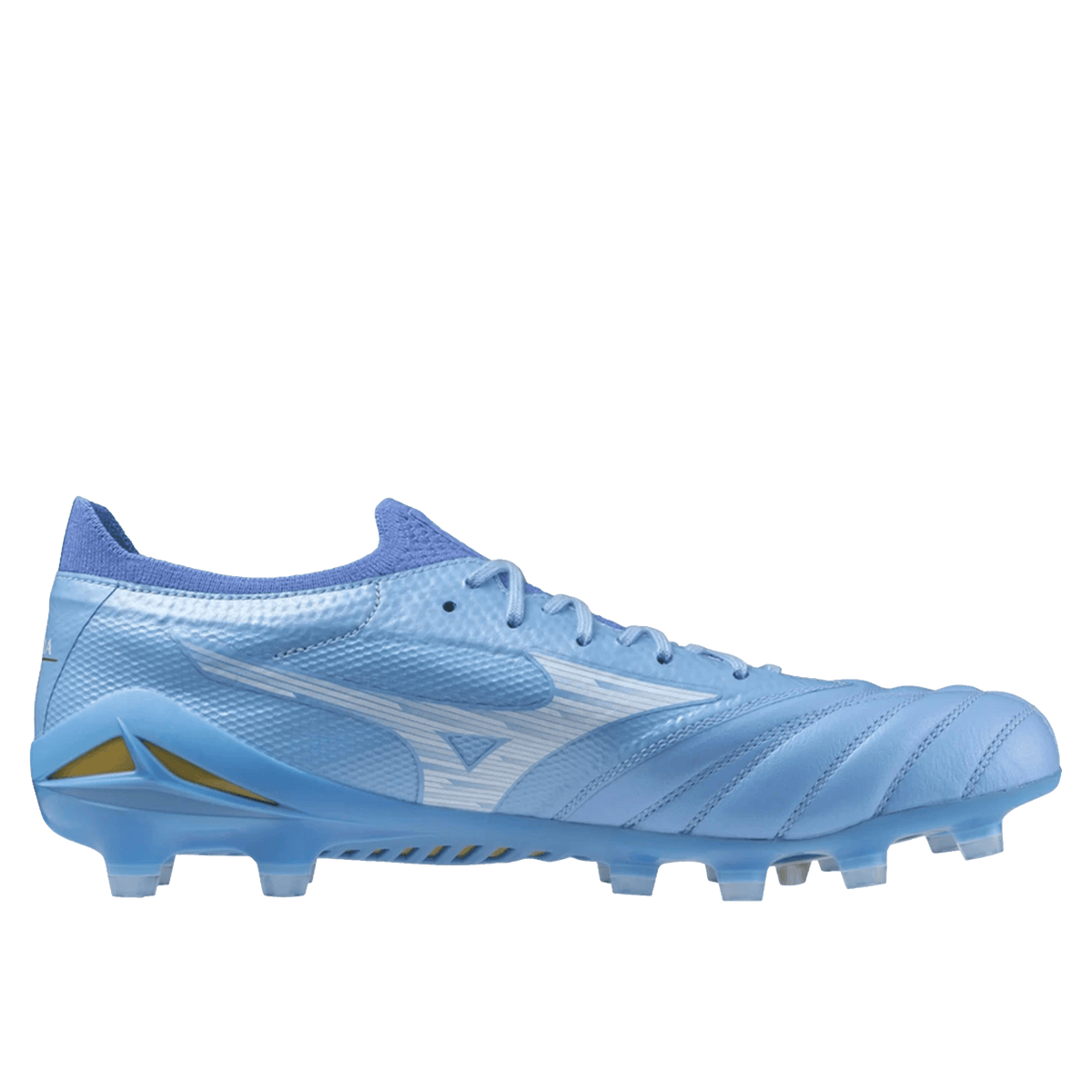 Celeste Mizuno Morelia Neo IV Beta Elite FG Rugby Boot featuring a white Mizuno logo, laces, textured kangaroo leather upper, and molded studs for firm ground performance, displayed in a side profile view on a plain white background.
