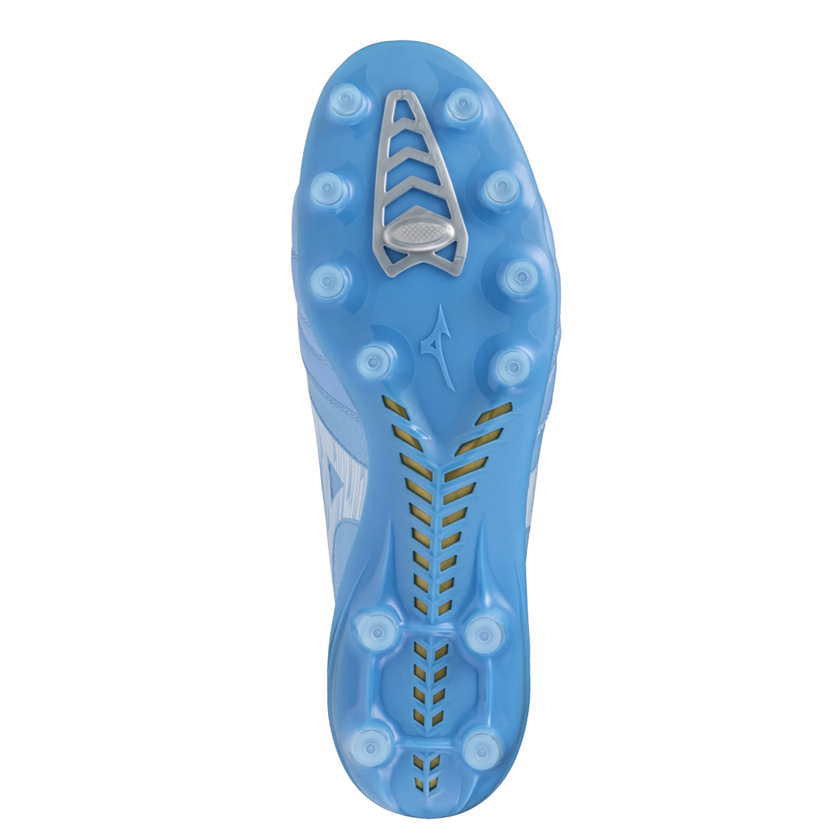 The sole of the Mizuno Morelia Neo IV Beta Elite FG in Celeste/White/Ultramarine features multiple round studs and a central chevron pattern.