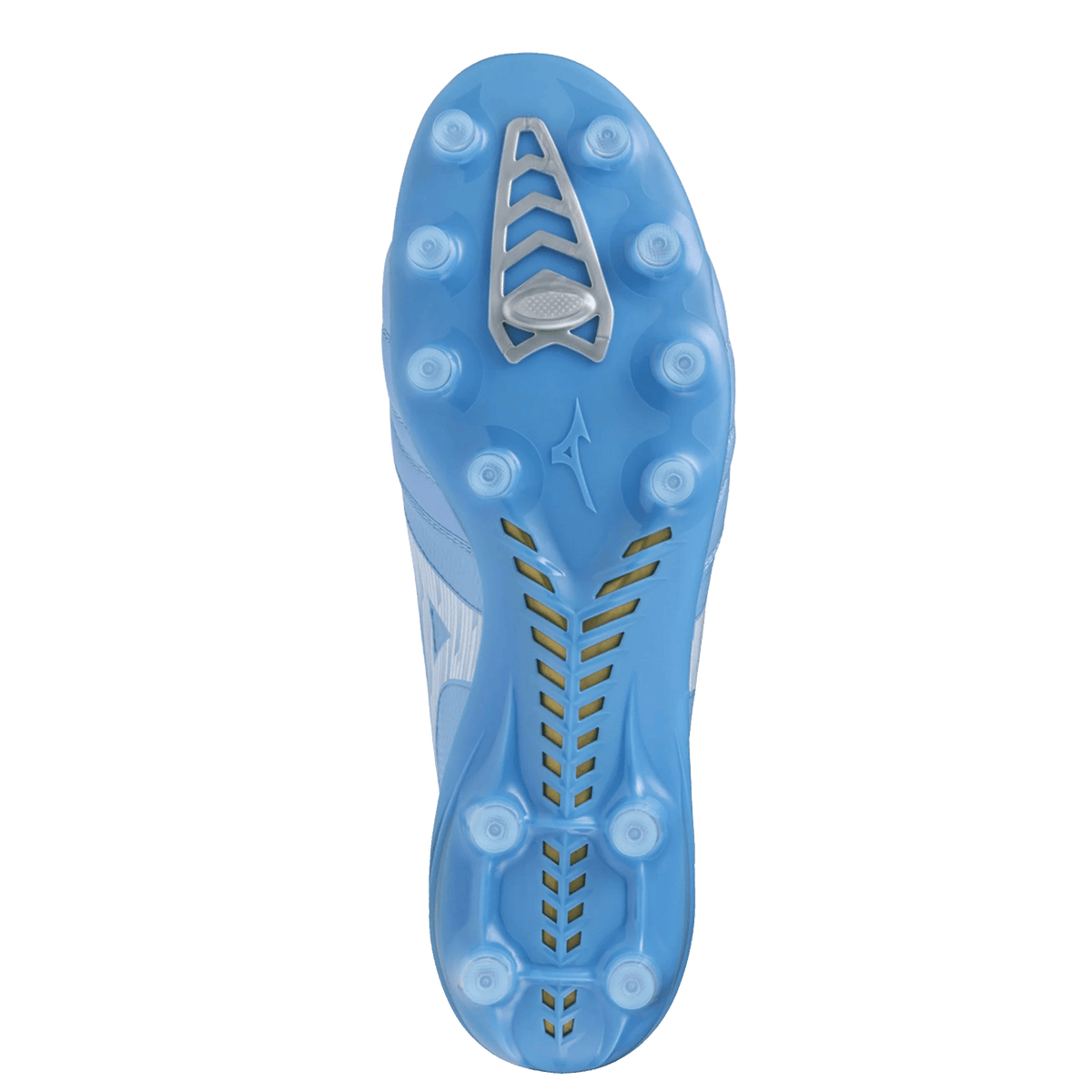 The image displays the blue soleplate of the Mizuno Morelia Neo IV Beta Elite FG Rugby Boot in Celeste/White/Ultramarine, featuring multiple rounded studs and a silver stud at the toe area for optimal traction on firm ground, by Mizuno.