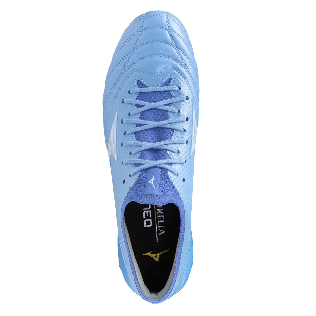 Top view of the Mizuno Morelia Neo IV Beta Elite FG in Celeste/White/Ultramarine, a lace-up firm ground football boot with a black insole, gold Mizuno logo, and "MORELIA NEO" branding.