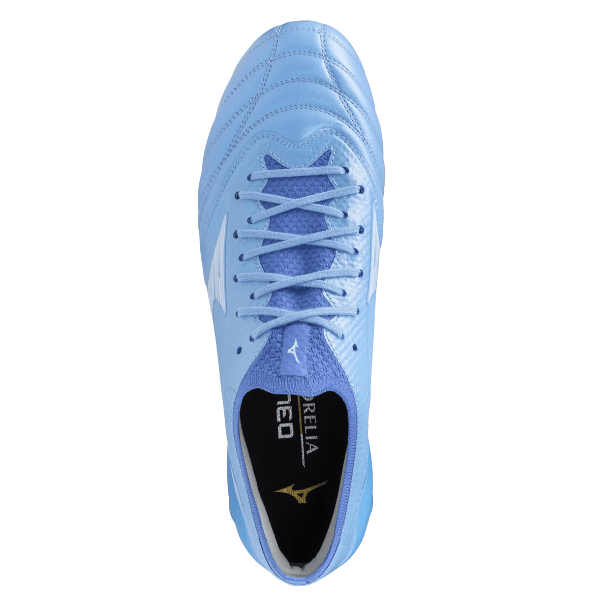 Top view of a single Mizuno Morelia Neo IV Beta Elite FG Rugby Boot in Celeste/White/Ultramarine with white branding and a black insole on a plain white background, crafted from premium kangaroo leather for exceptional touch and performance among firm ground boots.