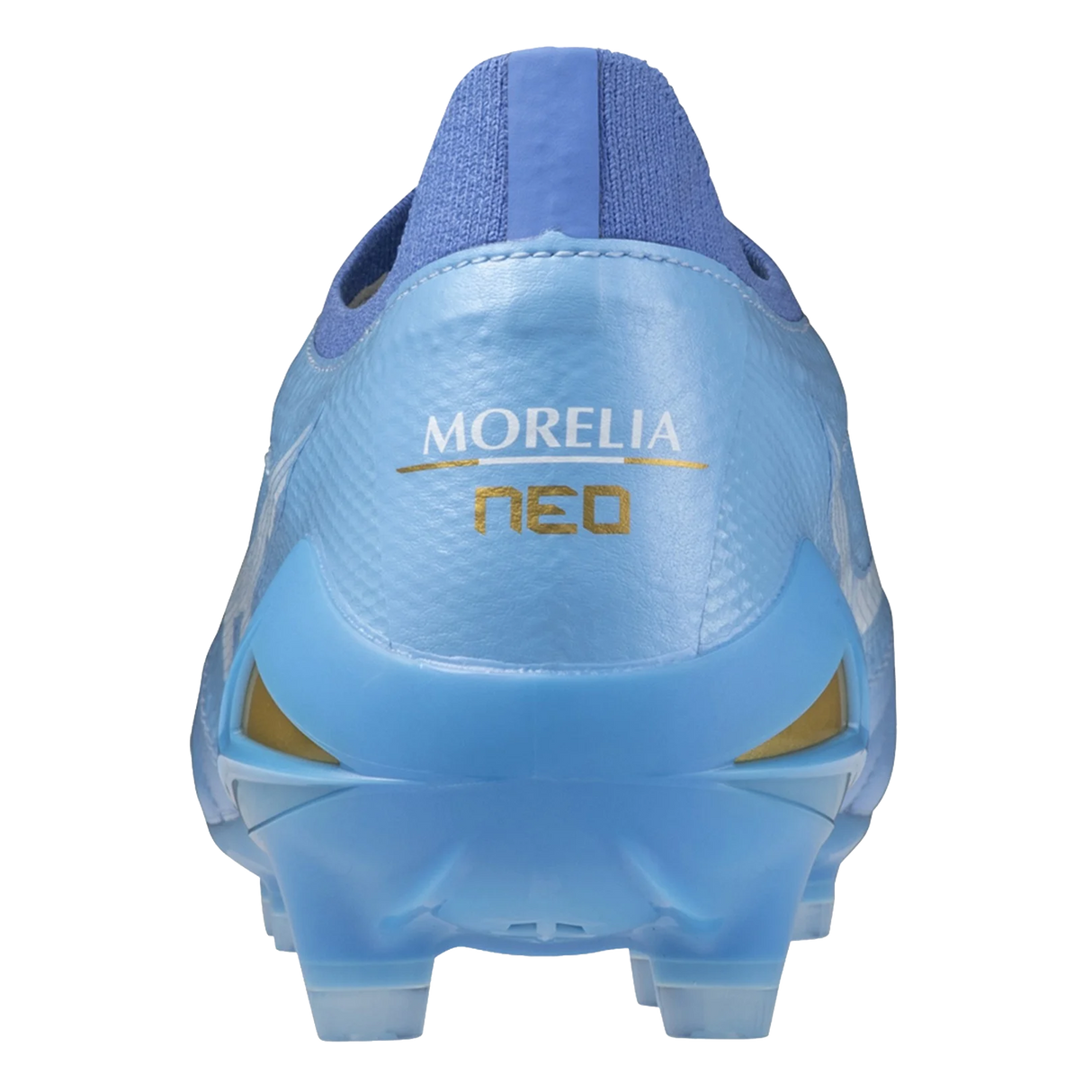 Rear view of the Mizuno Morelia Neo IV Beta Elite FG firm ground boots in Celeste/White/Ultramarine, featuring "MORELIA NEO" in gold on the heel. Made from premium kangaroo leather for exceptional touch and comfort.