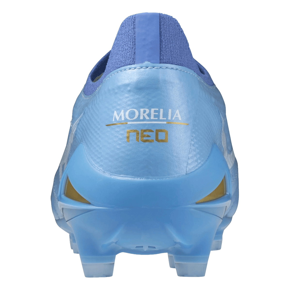 A rear view of the Mizuno Morelia Neo IV Beta Elite FG Rugby Boot in Celeste/White/Ultramarine showcases “MORELIA NEO” in gold lettering on the heel, expertly crafted by Mizuno from premium kangaroo leather to deliver exceptional comfort and performance on firm ground.
