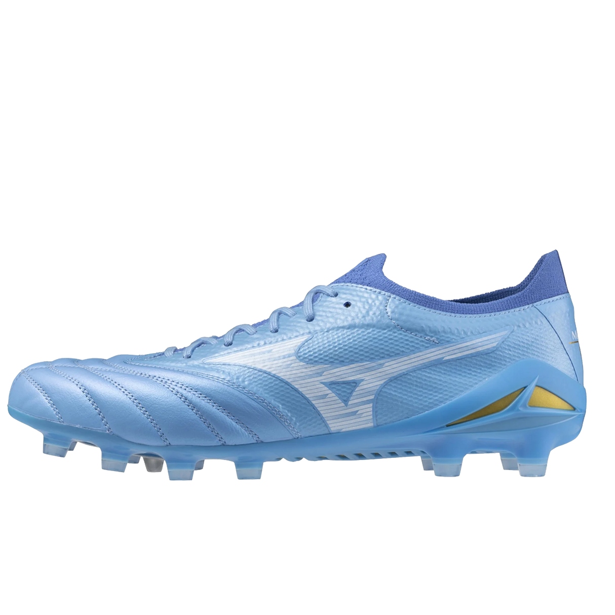 The Mizuno Morelia Neo IV Beta Elite FG in Celeste/White/Ultramarine features molded studs, a textured upper, and a low-top design for firm ground play.