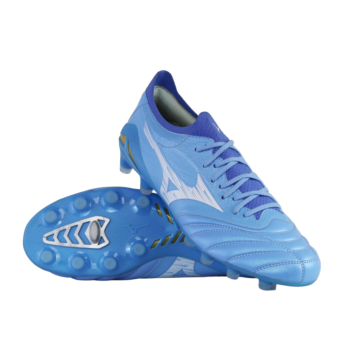 A pair of Mizuno Morelia Neo IV Beta Elite FG football boots in Celeste/White/Ultramarine, one upright and one on its side displaying the sole and studs.