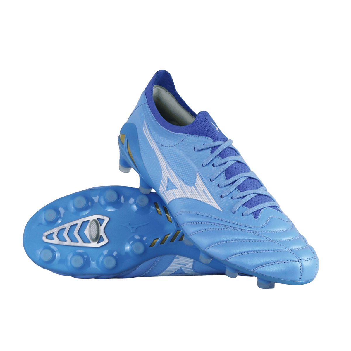 A pair of Mizuno Morelia Neo IV Beta Elite FG Rugby Boots in Celeste, White, and Ultramarine—one upright and the other displaying the patterned sole with firm ground studs—crafted from premium kangaroo leather and photographed against a plain white background.