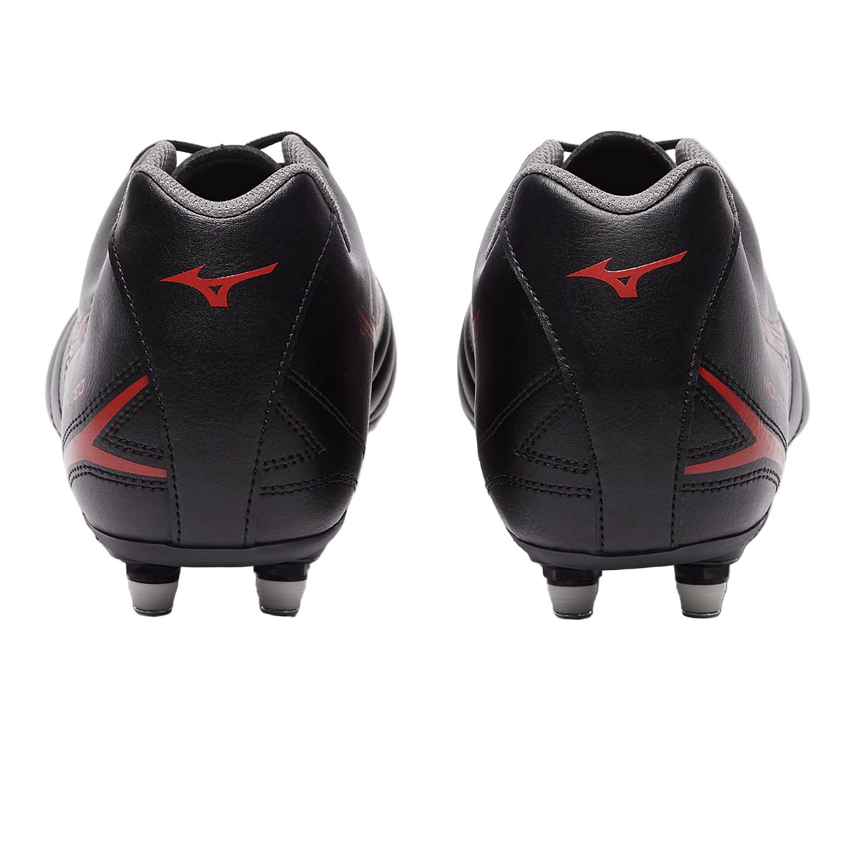 A pair of Mizuno Monarcida Neo III Select SG boots in Black/Morelia 40th Anniversary Red, featuring the iconic red Mizuno logos, are shown from the back with visible studs on the synthetic leather uppers.