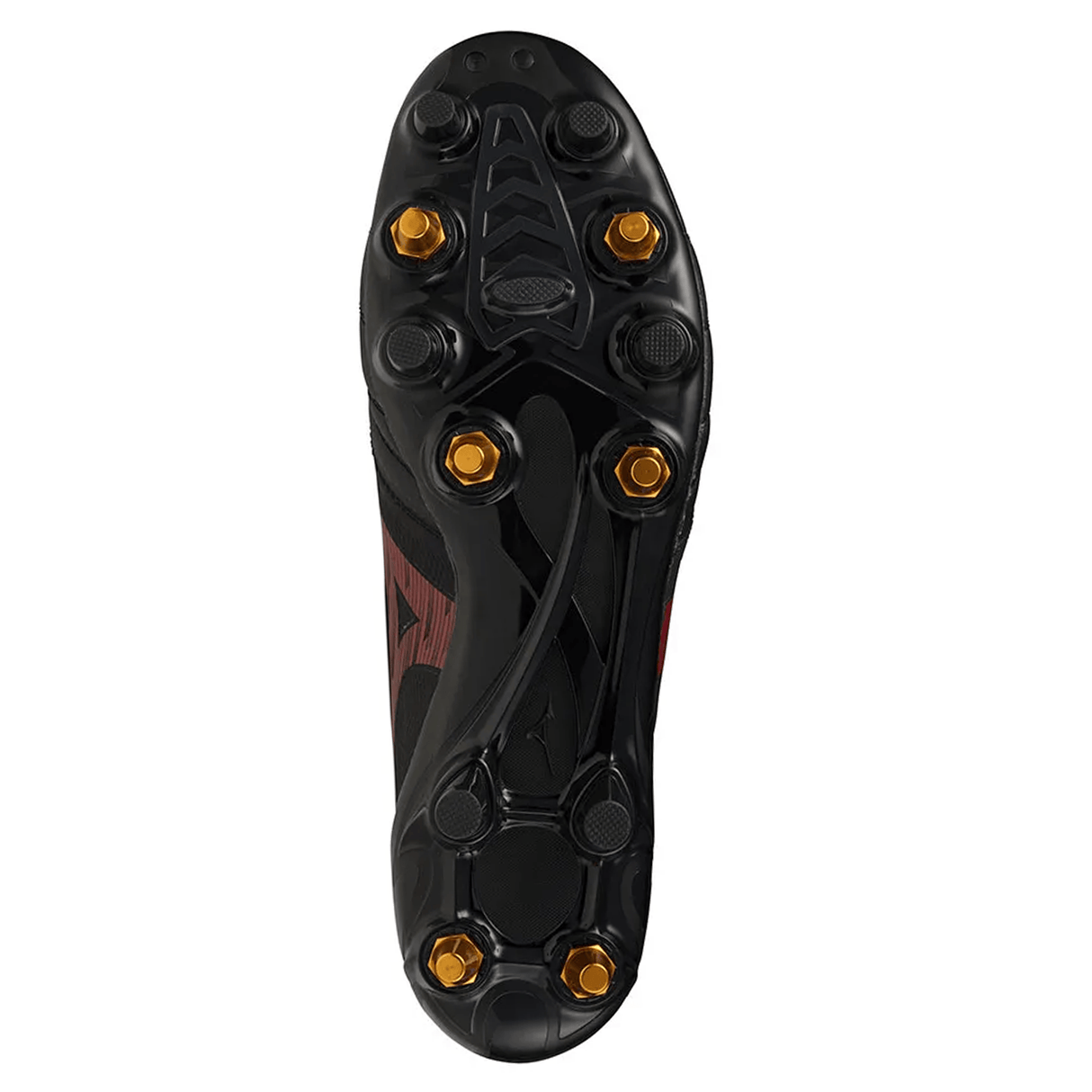 A close-up of the sole of the Mizuno Neo IV Beta Elite AG football boot in Black/Morelia 40th Red/Black, showing six gold metal studs and extra molded studs for traction.