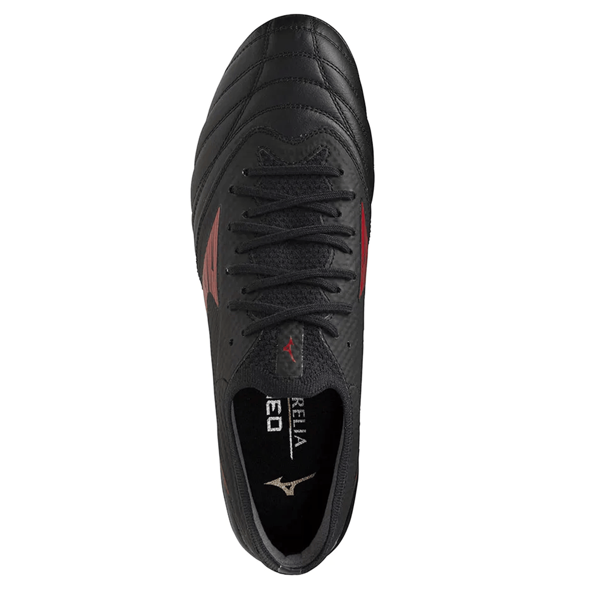The Mizuno Neo IV Beta Elite AG football boot in Black/Morelia 40th Red/Black features premium K-Leather, red accents, visible laces, and Mizuno branding on the insole and side, viewed from above.