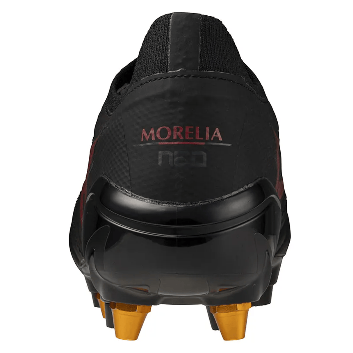 Rear view of a black Mizuno Neo IV Beta Elite AG boot with "MORELIA neo" text, glossy heel, and gold studs, in Black/Morelia 40th Red/Black colorway.