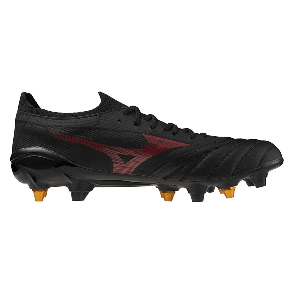 The Mizuno Neo IV Beta Elite AG football boot, in Black/Morelia 40th Red/Black, features K-Leather with red accents and gold-tipped studs, shown side-on against a white background.
