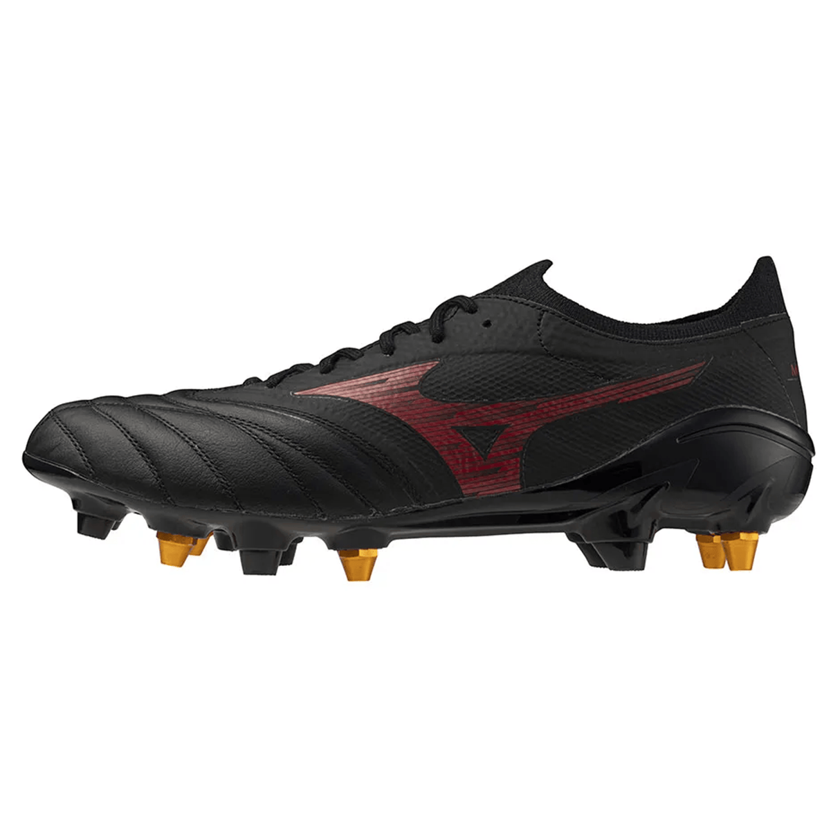 The Mizuno Neo IV Beta Elite AG football boot, from the Morelia 40th collection, features a black K-Leather upper with red accents, gold and black mixed studs, and a textured design in a side profile view.