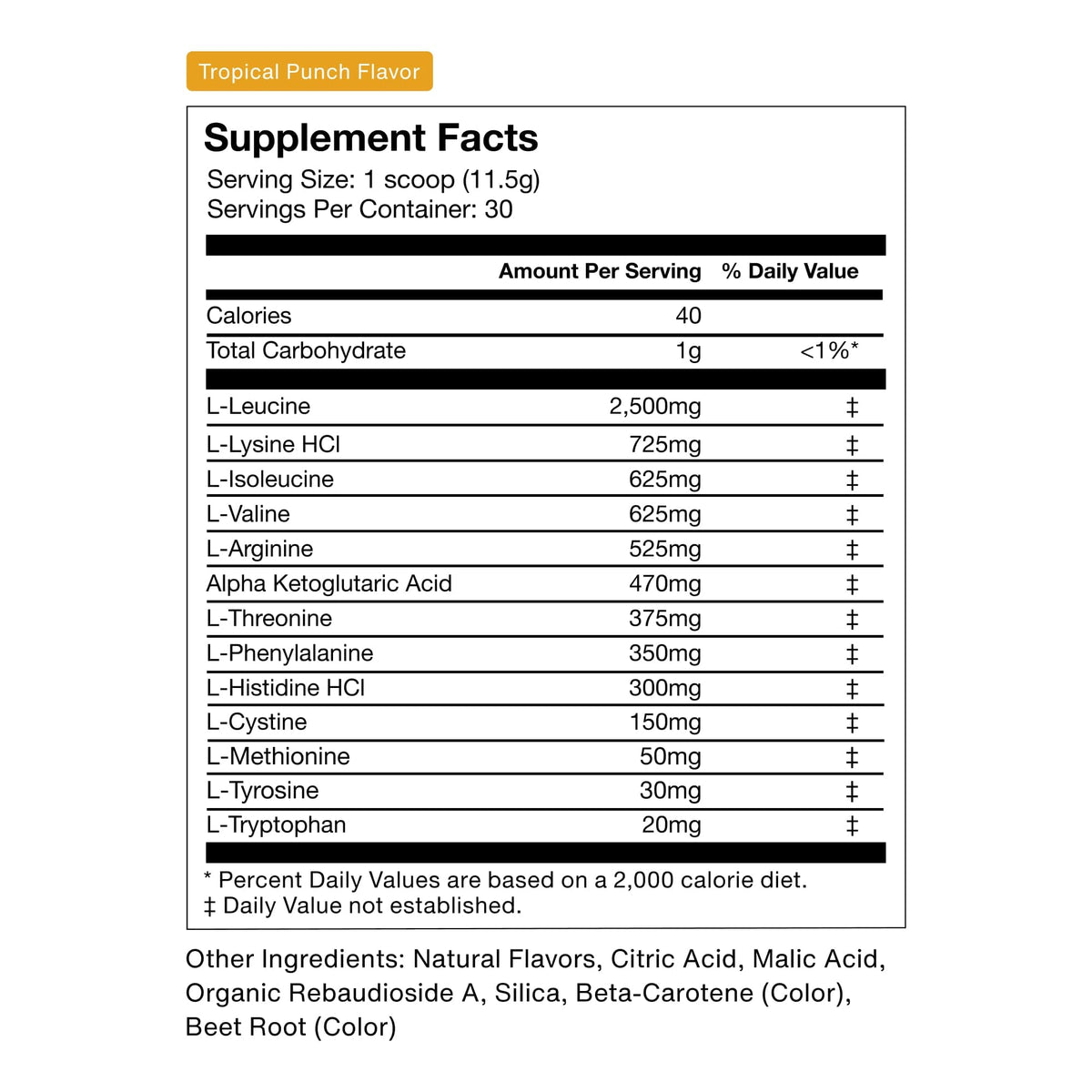 Momentous Vital Aminos by Momentous features a supplement facts label for its tropical punch flavor, listing serving size, essential amino acids with amounts to support protein synthesis, and other ingredients aimed at muscle recovery.
