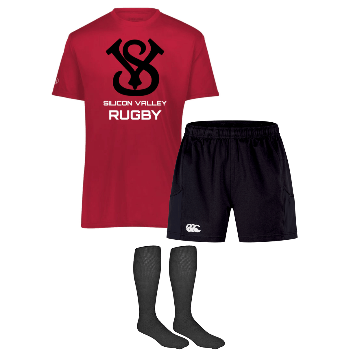 The Silicon Valley Training Bundle by Bundle features a red rugby T-shirt, black rugby shorts, and black socks, all displayed on a white background.
