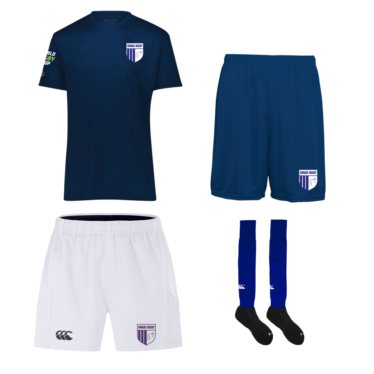 The OMBAC Youth Rugby U8/U10 Junior Training Bundle by Bundle displays two kits: one with a navy blue shirt and shorts, the other with a white shirt and shorts—both featuring team crests. Blue socks are included.