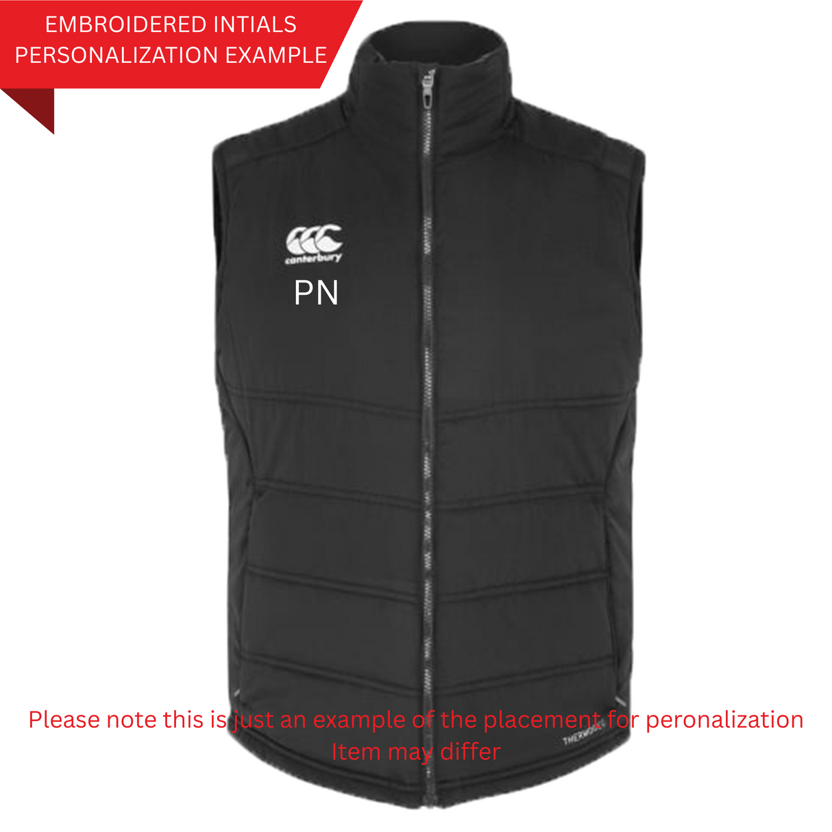 Black sleeveless USA Shield Core Gilet by EMB Canterbury with Thermoreg insulation, white “CCC” logo on right chest, “canterbury” text and personalized initials “PN” embroidered on left chest.