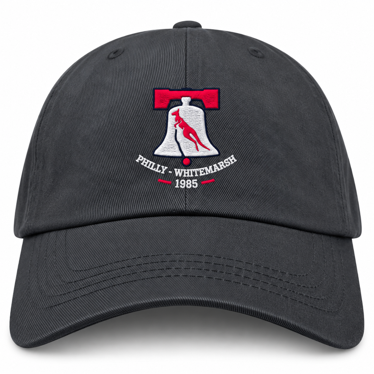 Philly Whitemarsh RFC Adult Low-Profile Cotton Twill Dad Cap in dark gray, featuring an embroidered logo of a bell containing a kangaroo with “PHILLY - WHITEMARSH 1985” text underneath.