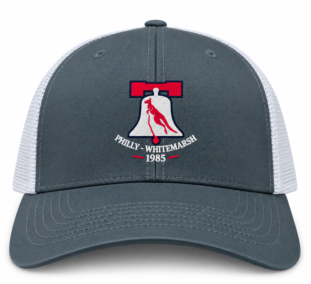 Philly Whitemarsh RFC Retro Trucker Cap in grey with a white mesh back and an embroidered design of a red kangaroo inside a Liberty Bell with the text “PHILLY - WHITEMARSH 1985”.