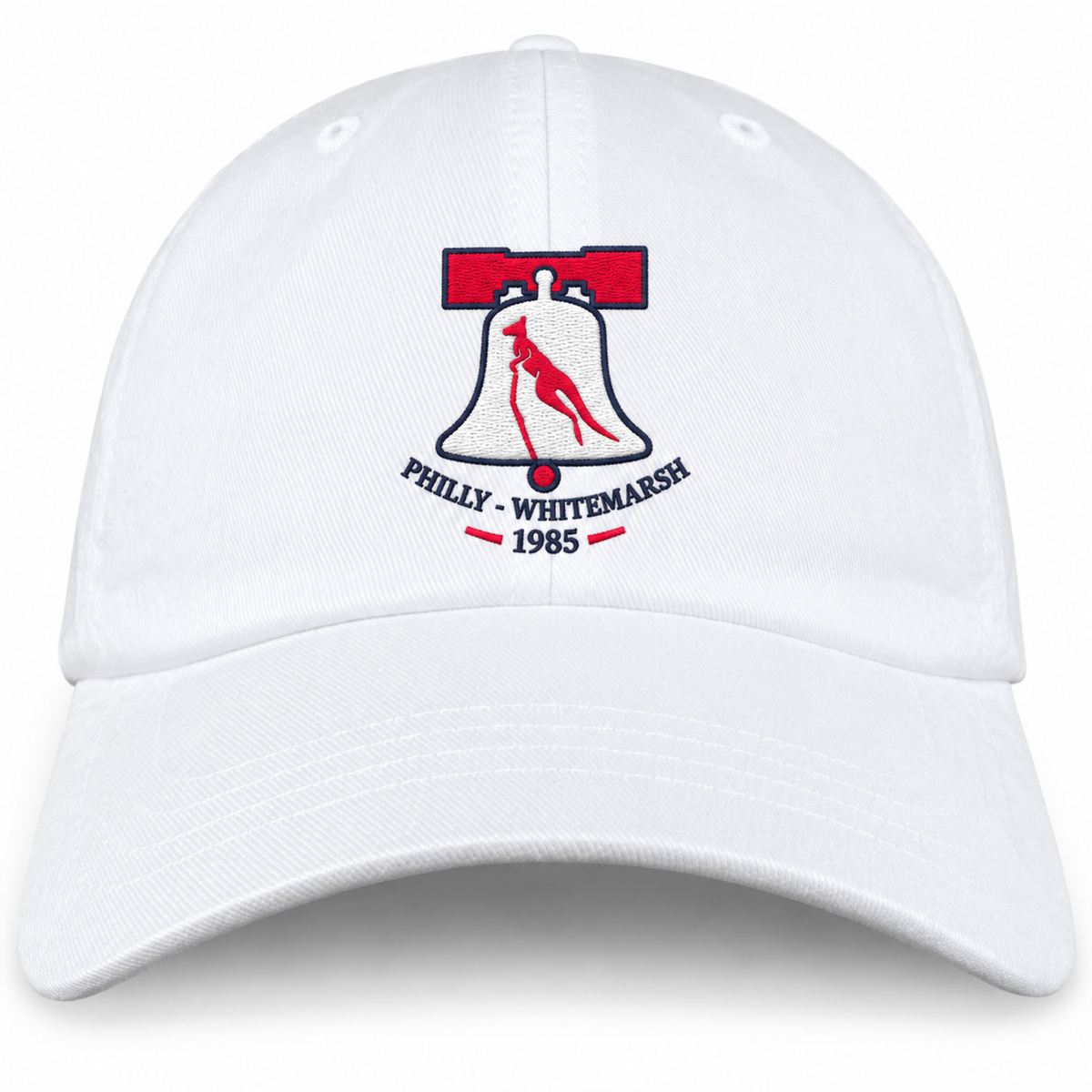 Philly Whitemarsh RFC Adult Low-Profile Cotton Twill Dad Cap in white cotton twill with an embroidered Liberty Bell logo containing a red kangaroo silhouette and “Philly - Whitemarsh 1985” text.