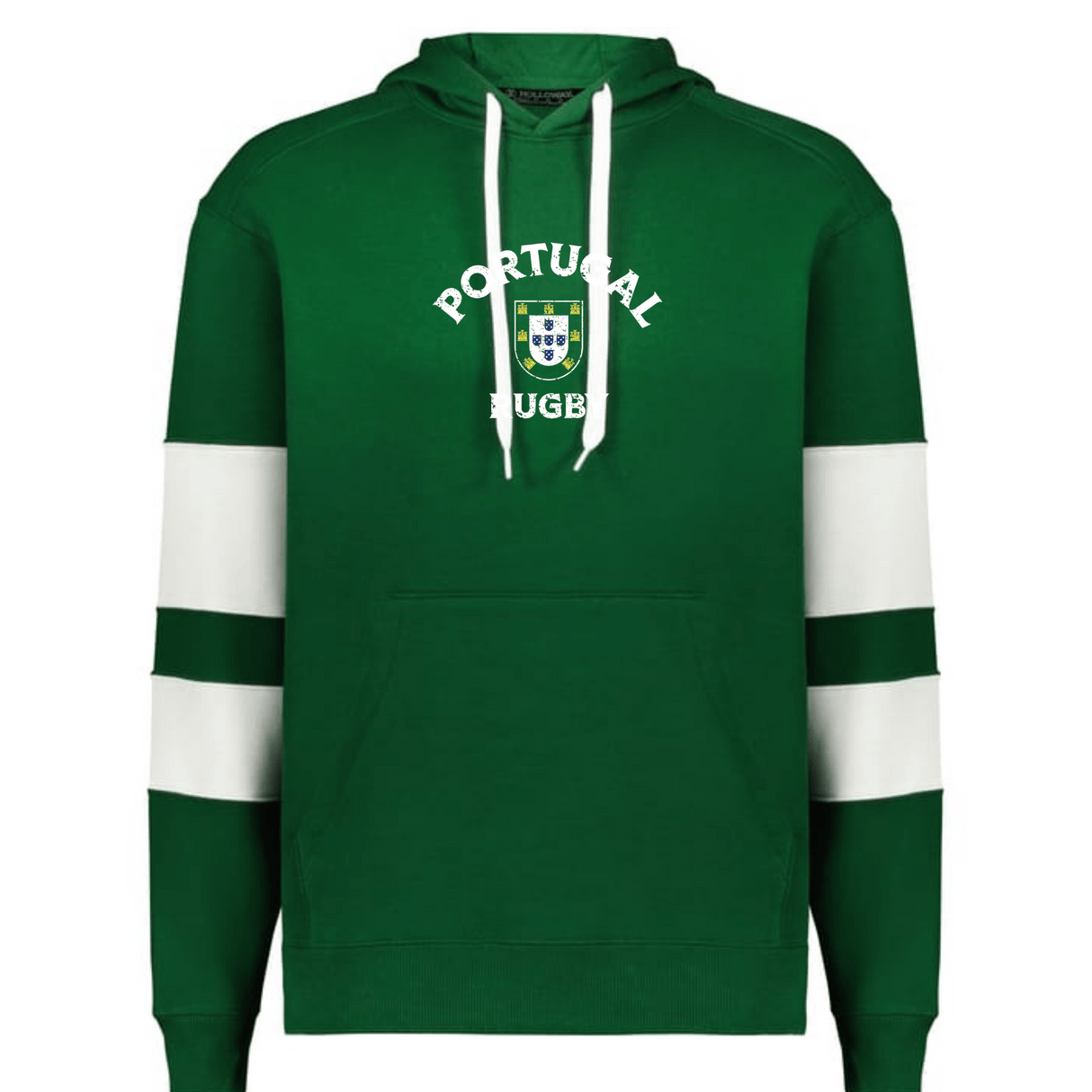 The WRS Augusta Nations of Rugby Portugal Jackson Way Hoodie features white drawstrings, two white sleeve stripes, and "Portugal Rugby" plus a crest on the chest.