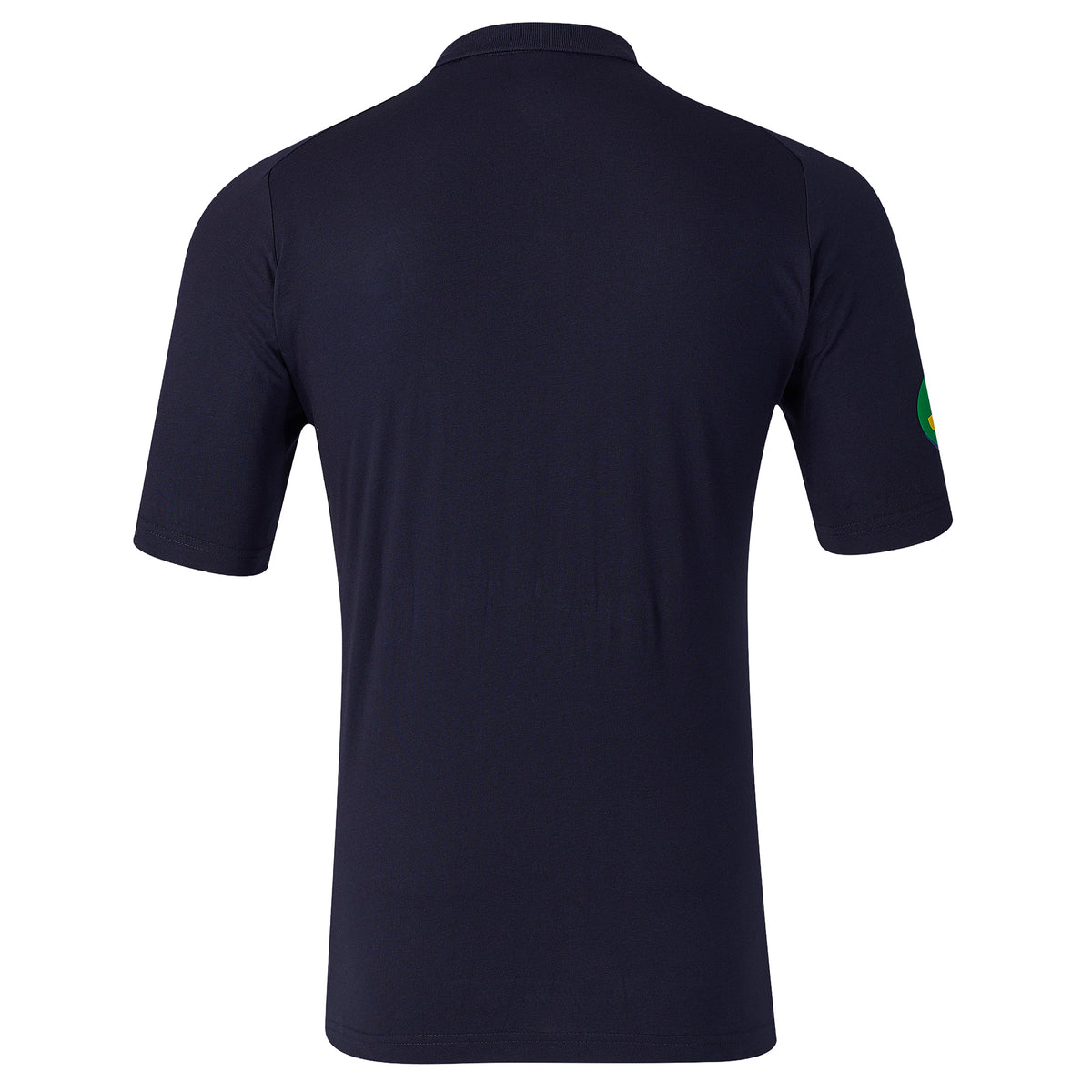 Back view of the Leicester 26/27 Off Pitch Polo by Castore, a plain, short-sleeved navy blue polo with a small green and yellow circular patch on the left sleeve.