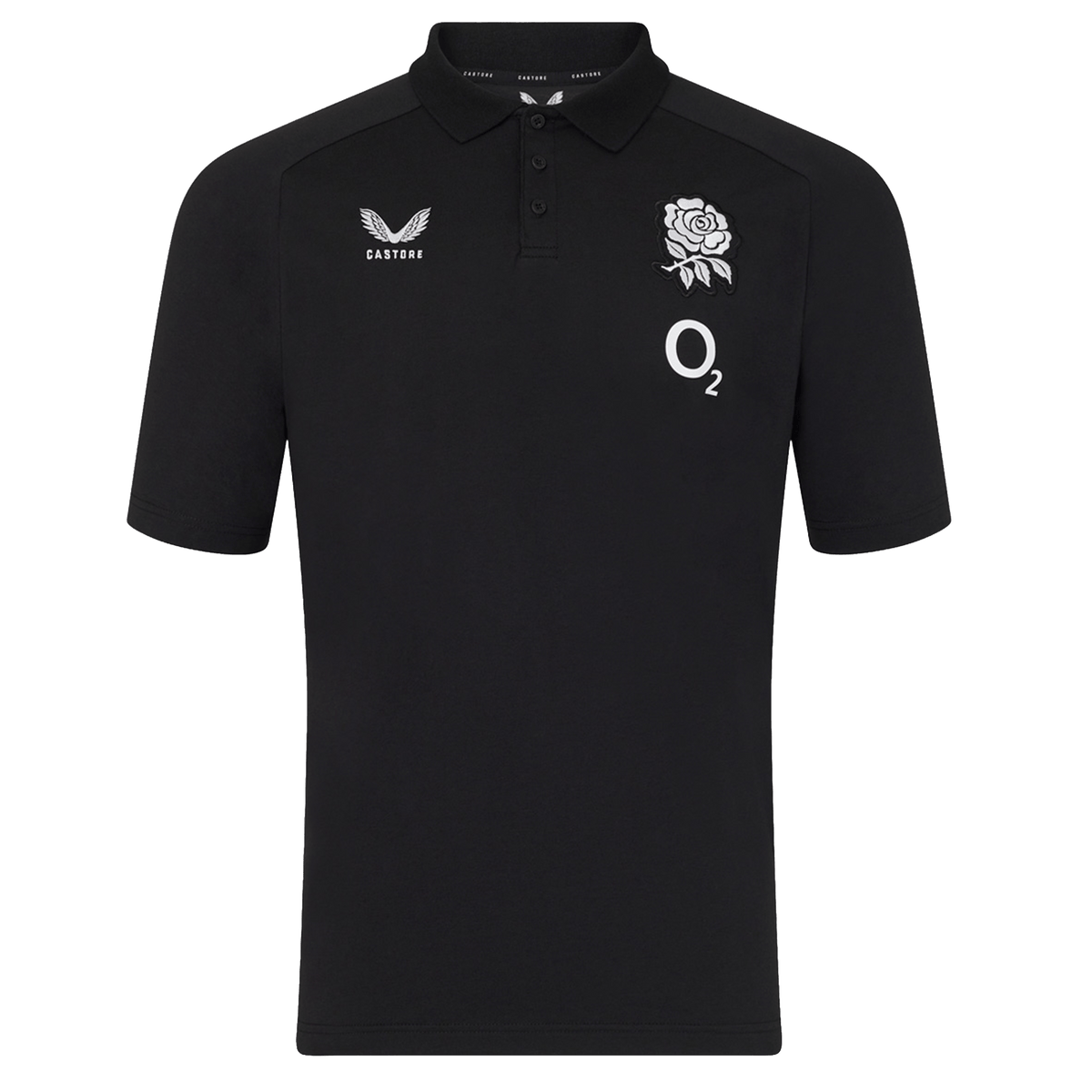 The England 26/27 Off-Pitch Polo by Castore is a black short-sleeve polo with a collar, featuring a white rose emblem, O2 logo, and Castore branding—perfect for showcasing your England Rugby style off the pitch.