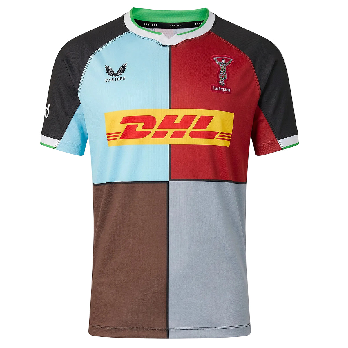 Demonstrate your support with the Harlequins 26/27 Replica Home Jersey by Castore. This official men’s home shirt showcases quartered blue, brown, red, and grey panels and proudly displays the iconic DHL sponsor logo, Castore brand logo, and Harlequins club badge on the chest.