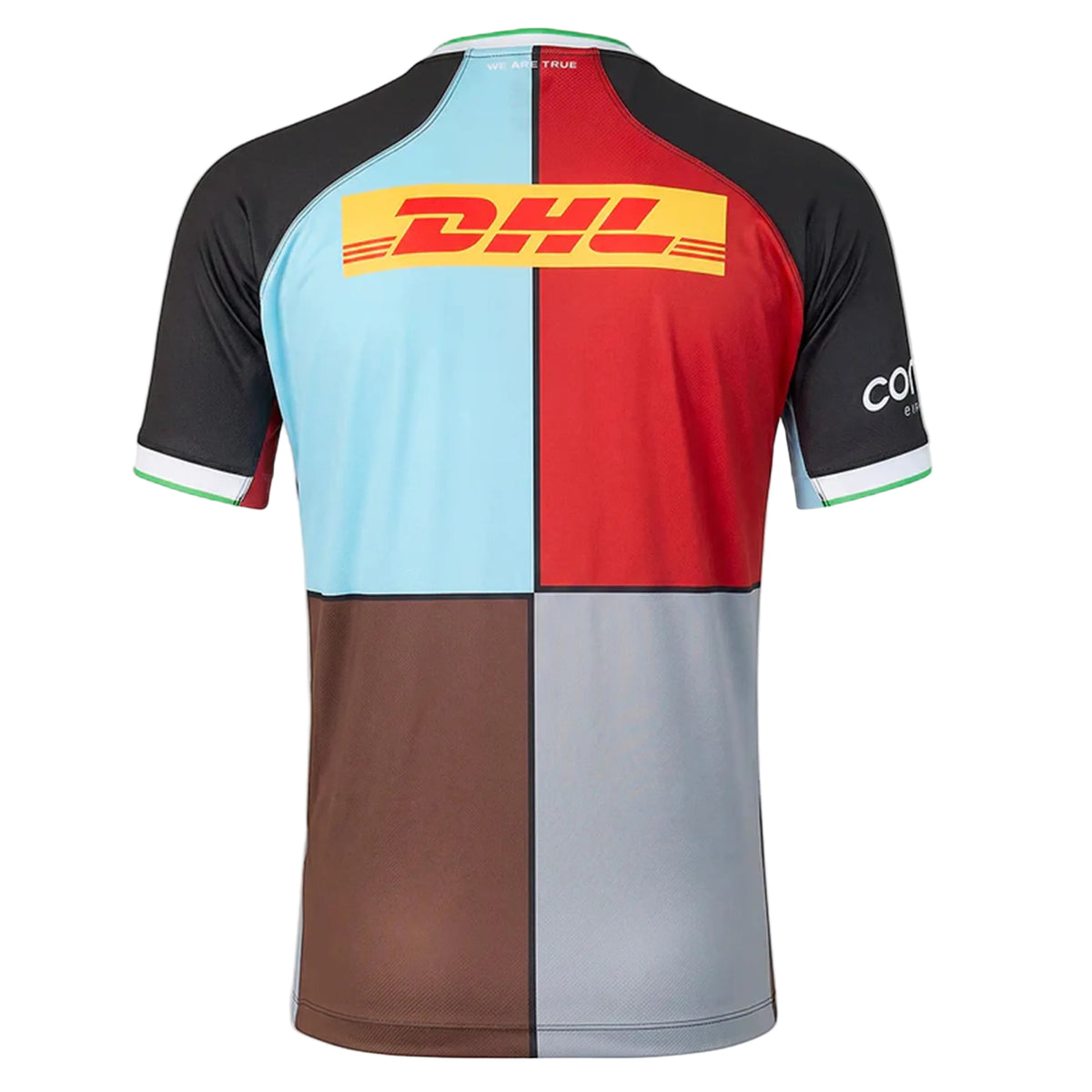 Back view of the Harlequins 26/27 Replica Home Jersey by Castore, showcasing four color blocks, DHL logo on the upper back, and sponsor text on the sleeve—a genuine men’s home shirt crafted by Castore for dedicated Harlequins fans.