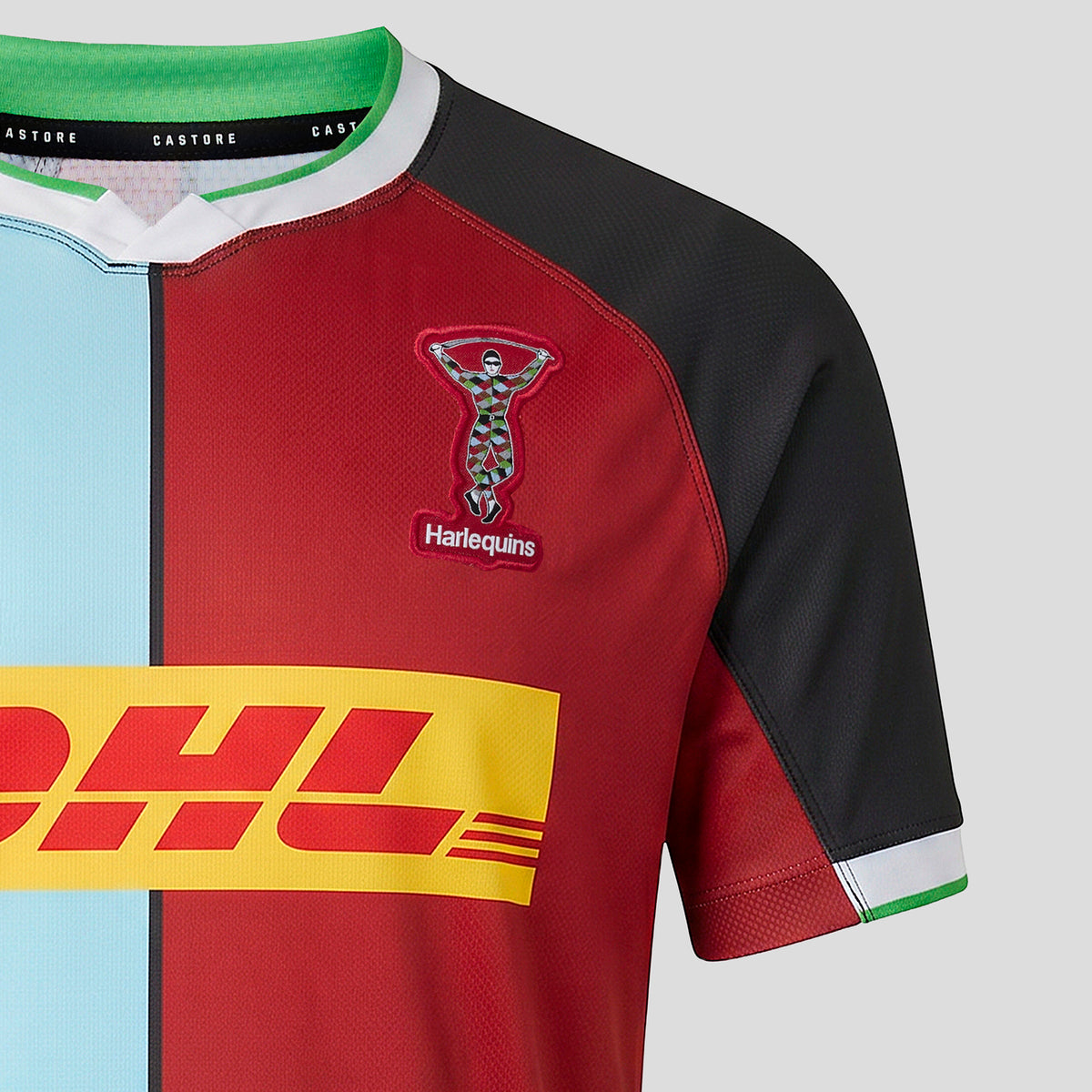 The Harlequins 26/27 Replica Home Jersey by Castore showcases a vibrant multi-color design, features the iconic Harlequins logo, a bold yellow DHL sponsor emblem across the chest, and is expertly crafted by Castore—making it an ideal men’s home shirt for passionate fans.