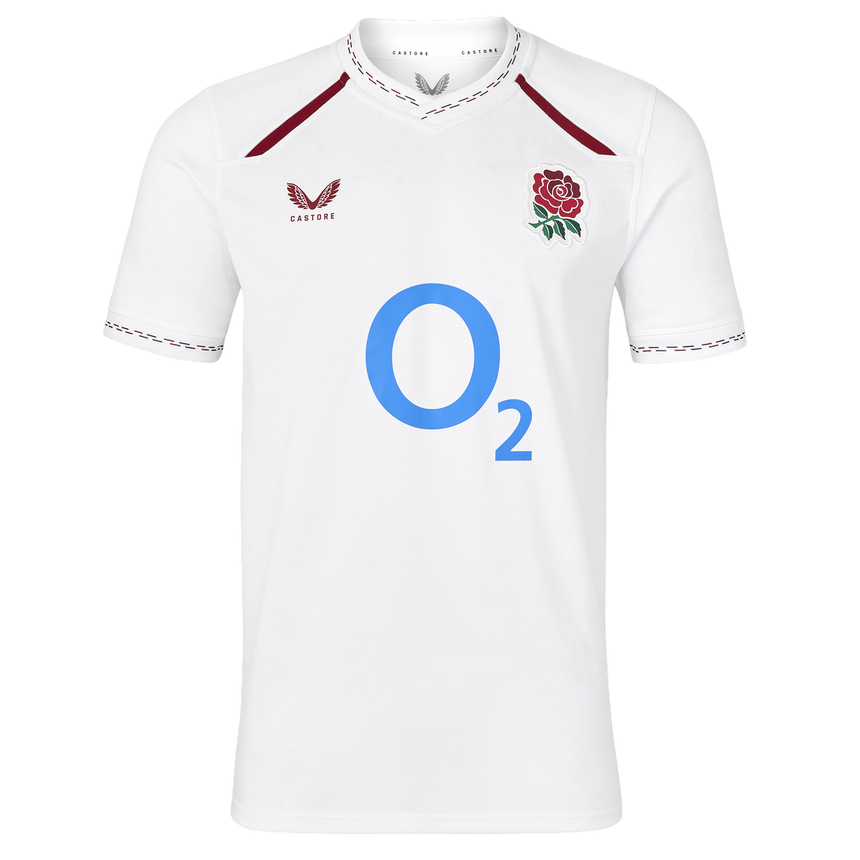 Wear your pride with the England 26/27 Replica Home Jersey by Castore—an official England Rugby jersey featuring a crisp white short-sleeve design, the iconic red rose crest, bold blue “O2” sponsor logo, and striking maroon accents on the collar and shoulders.