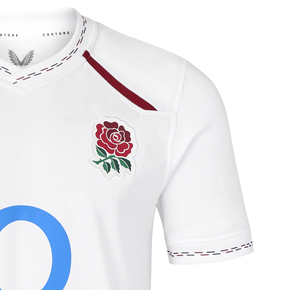 England 26/27 Replica Home Jersey by Castore—this white athletic rugby jersey features the iconic red rose emblem on the chest, maroon stitching on the collar and sleeves, and a partially visible blue “O,” authentically crafted as an official replica home jersey by Castore.