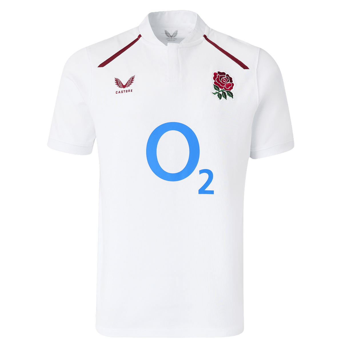 Show your support in style with the England 26/27 Classic Home Jersey by Castore, featuring a red rose emblem, blue O2 sponsor, Castore logo on the chest, and a button-up collar for a timeless look.