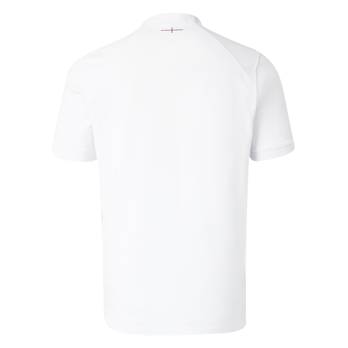 Back view of the England 26/27 Classic Home Jersey by Castore—a plain white short-sleeve shirt with a small red cross near the collar, inspired by classic kits and shown against a white background.