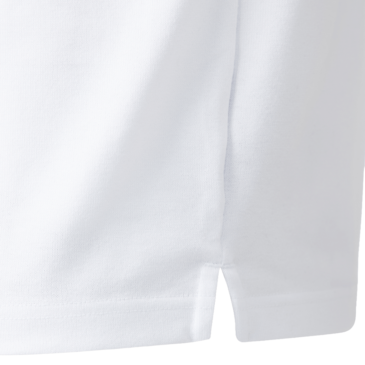 Close-up of the hem on the England 26/27 Classic Home Jersey by Castore, featuring a small side slit and smooth, clean stitching reminiscent of traditional rugby shirts.