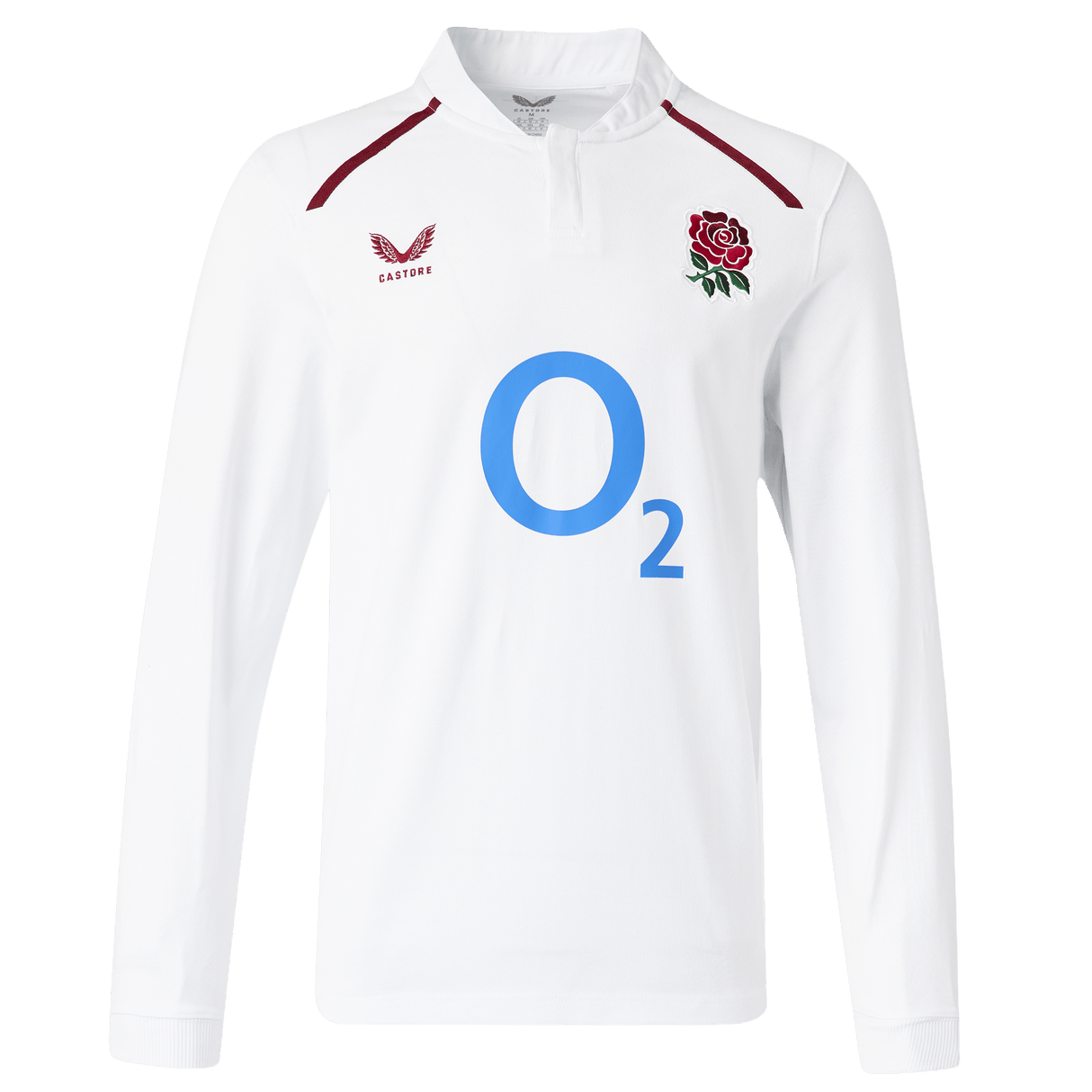 The England 26/27 Classic Long Sleeve Home Jersey by Castore features a white design with the iconic rose emblem, red Castore logo, and bold blue "O2" sponsor on the chest.